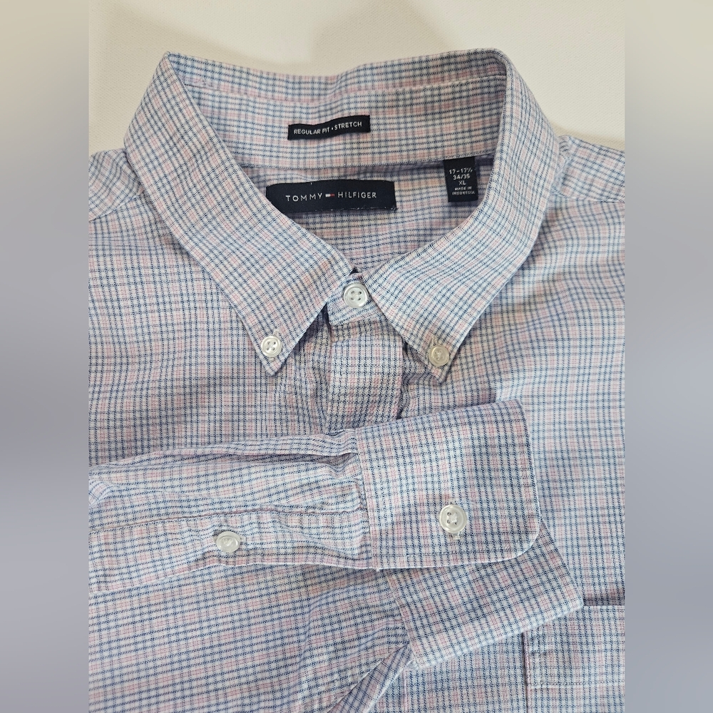 Tommy Hilfiger Dress Shirt Mens XL Pink Blue Regular Fit Stretch Office Career - Picture 7 of 7